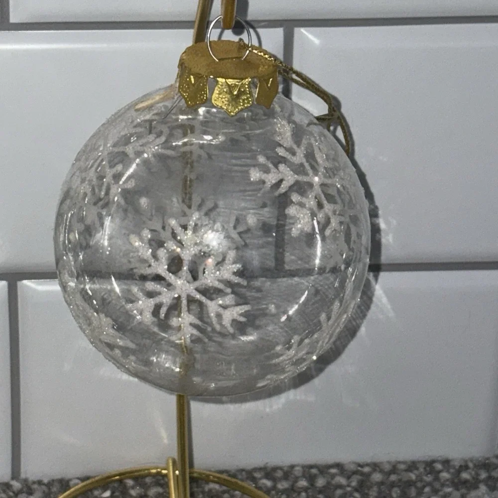 Clear Glass Christmas Ornaments With Glittery Snowflakes Gold Tops Various Shape